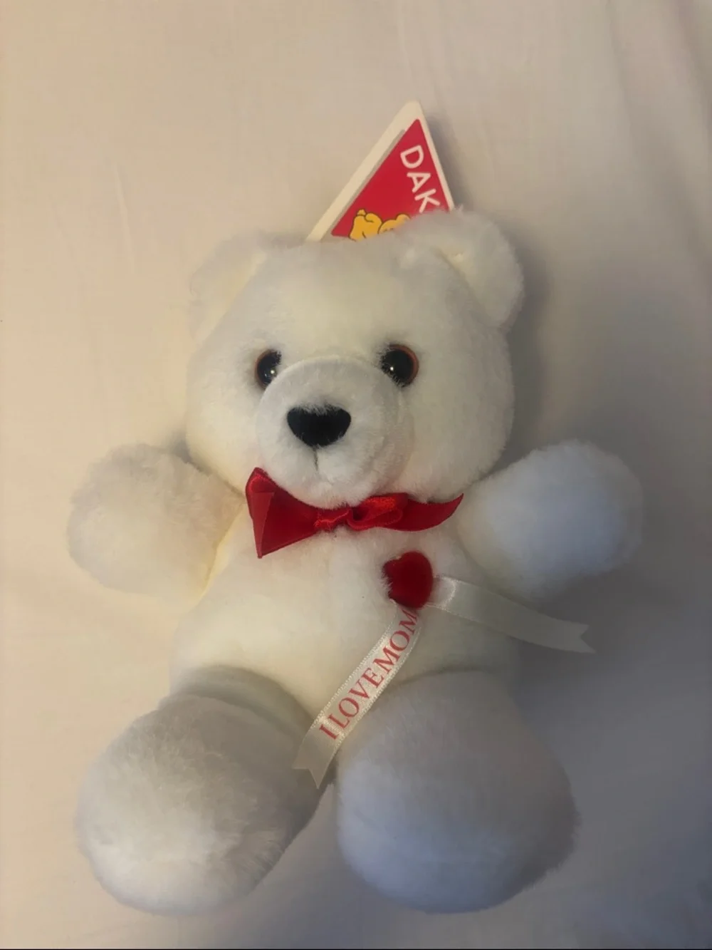 Adorable I LOVE MOM White Plush Bear with Red Bow